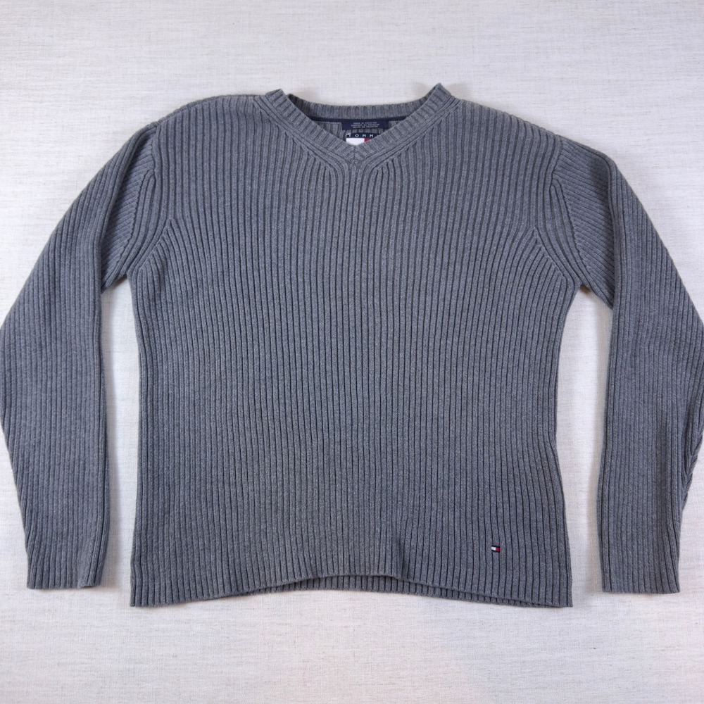 Tommy Hilfiger Mens Large Gray 100% Cotton Ribbed V-Neck Long Sleeve Sweater